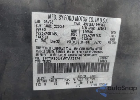 1998 Ford Ranger Splash/Xl/Xlt из США, поврежденный, VIN 1FTYR10U9WTA75174